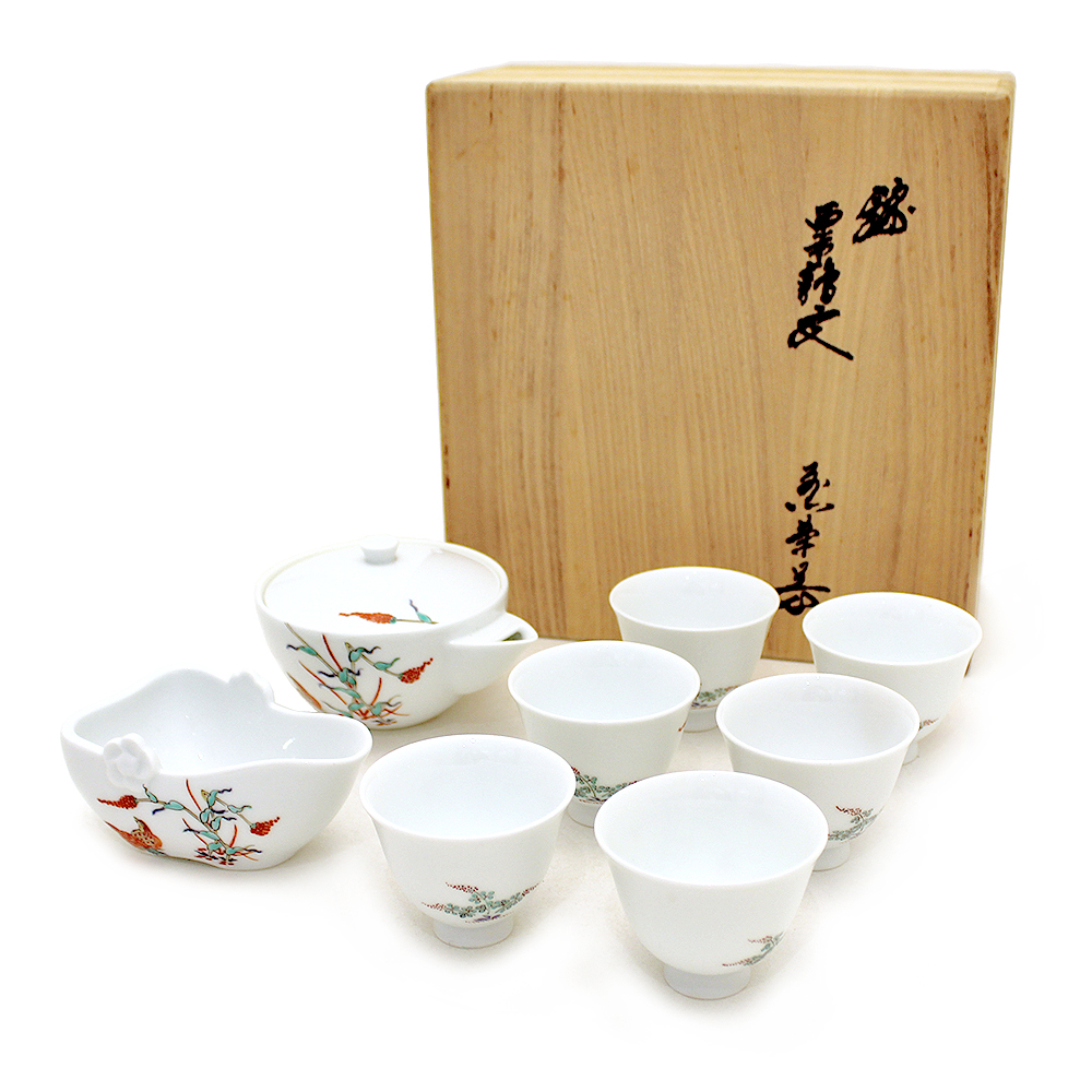 【セール価格】人間国宝 十三代酒井田柿右衛門 有田焼 錦「粟鶉文」 煎茶器 茶器 8点セット(宝瓶 湯冷 煎茶碗 )