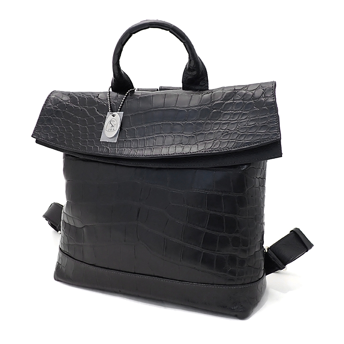 ノーブランド リュックサック バックパック クロコダイル 牛革 レザー JRA認定タグ付き ブラック