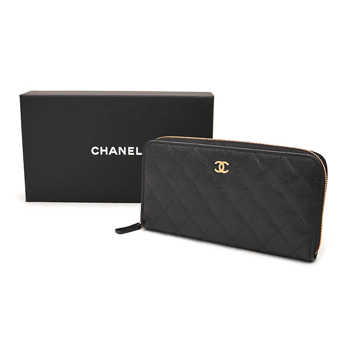 シャネル(CHANEL) ラウンドファスナー長財布 AP0242 マトラッセ クラシック キャビアスキン 箱・保存袋付き ブラック