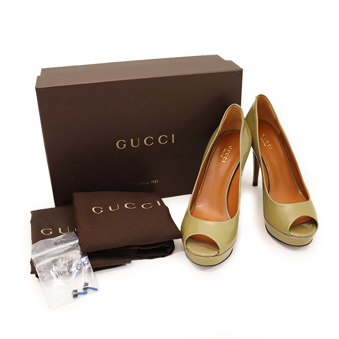 グッチ(GUCCI)  パンプス ハイヒール オープントゥ エナメル カーキ 24cm
