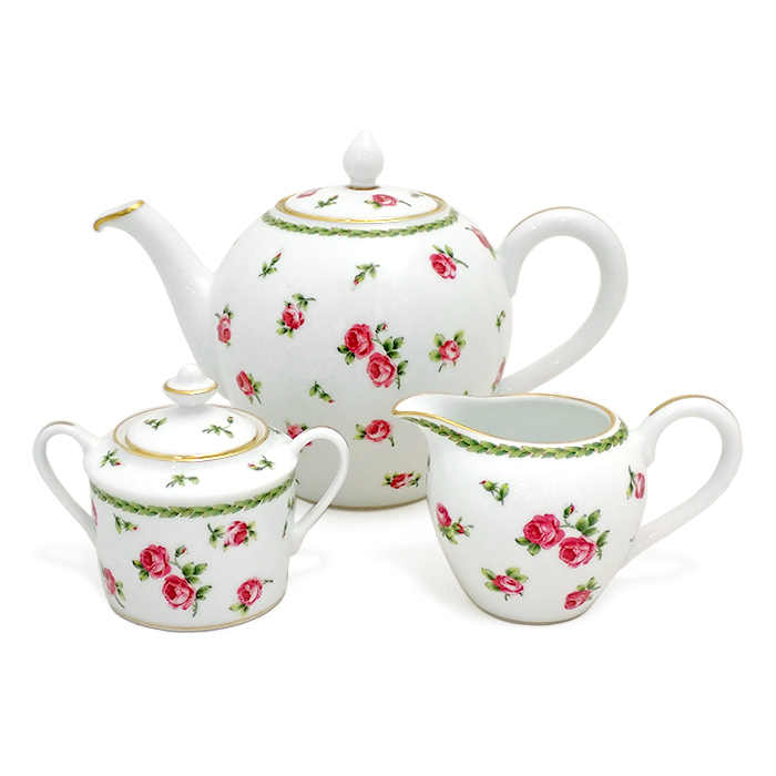 ベルナルド リモージュ(BERNADAUD LIMOGES) ティーポット&シュガーポット&クリーマー 3点セット Aux roses オーローズ 薔薇 ホワイト