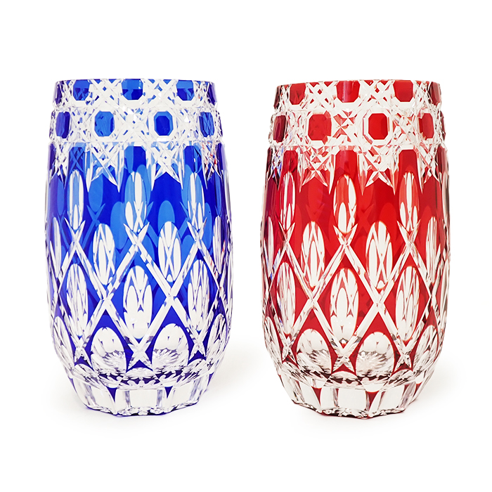江戸切子 ペアグラス 八角籠目 クリスタルグラス ガラス クリア レッド ブルー 赤色 青色 伝統工芸